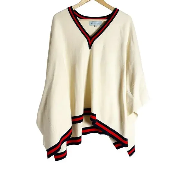 Tuckernuck Camden Ivory Striped V-Neck Soft Knit Poncho Cape Sweater One Size - Picture 3 of 15
